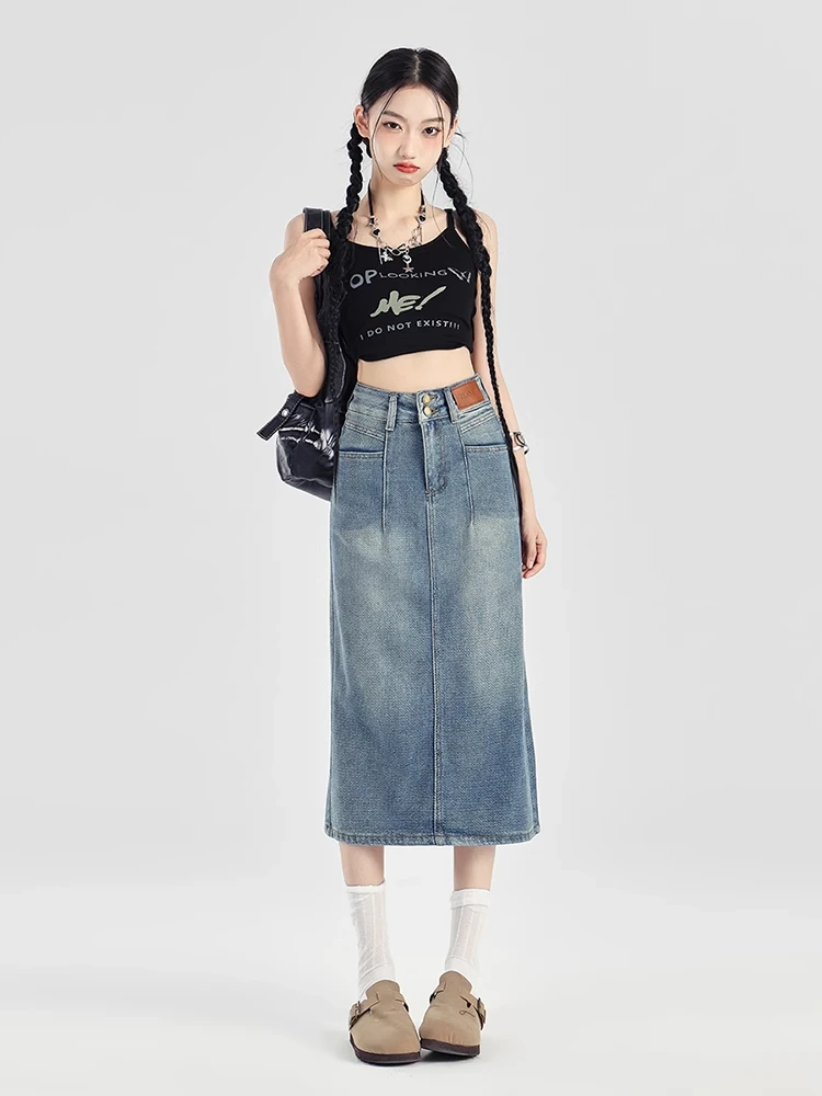 

Юбка-миди трапециевидной формы с высокой талией, женская винтажная джинсовая юбка со звездным узором, утягивающая асимметричная повседневная длинная юбка с разрезом