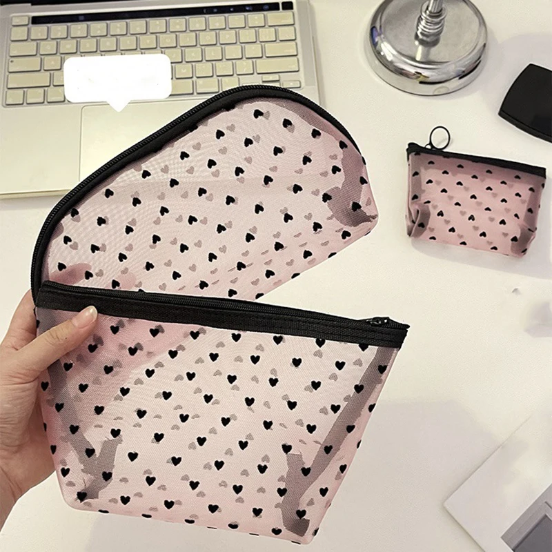 1pcs Women\'s Mesh Makeup Bag Cosmetic Bags Travel Toiletry Wash Case Handbag Organizer Female Storage Make Up Cases Heart Print