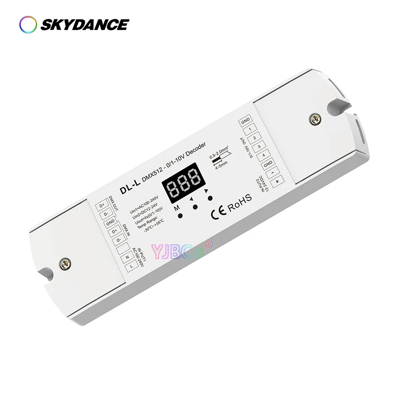 

Skydance 4-канальный преобразователь DMX512 до 1-10 В/0-10 В; 12 В-24 В постоянного тока/100-В переменного тока вход; 4-канальный DMX RDM цифровой дисплей аналогичный