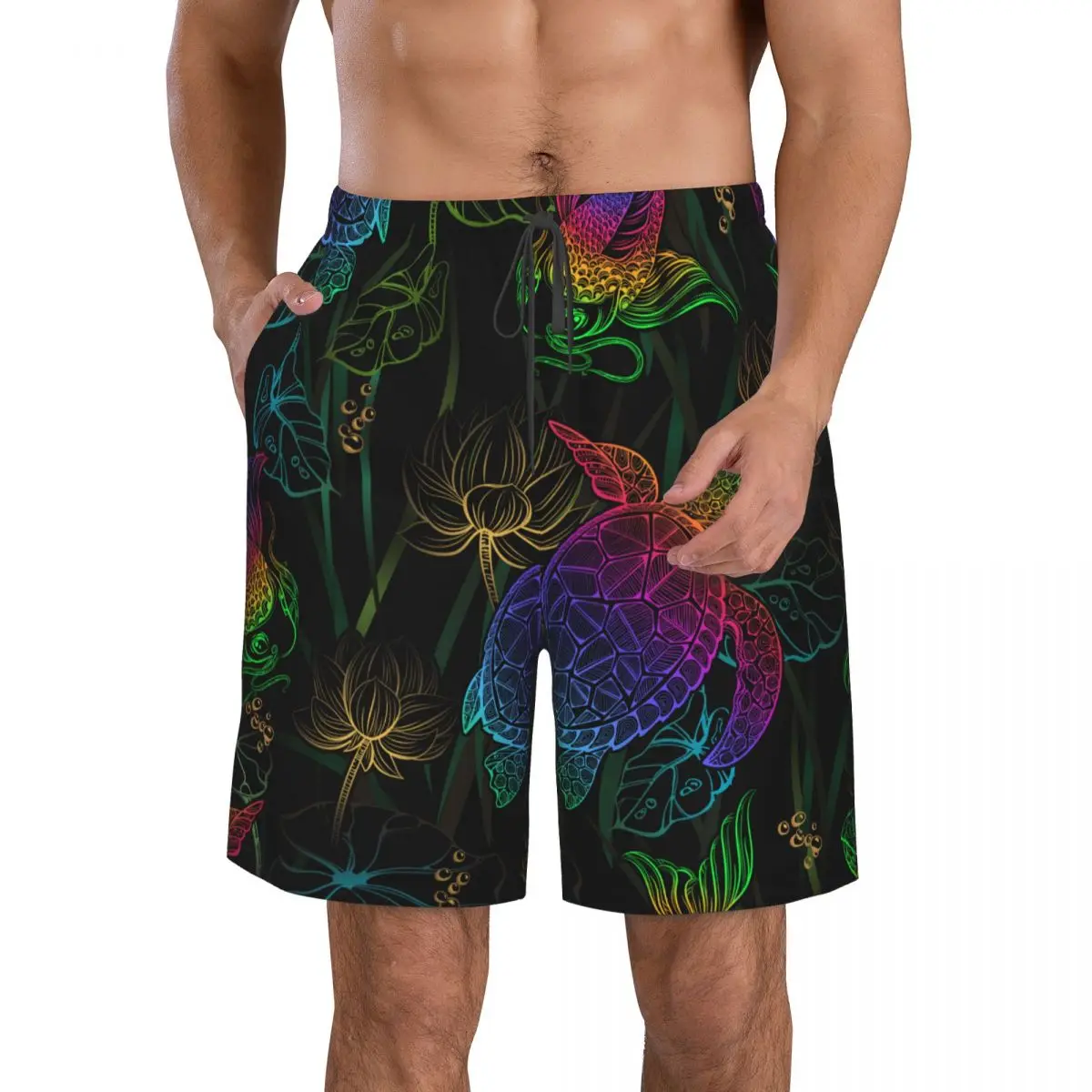 Men Beach Short Quick-drying Swimming Trunk Colorful Koi Carps Lotus And Sea Turtle Swimwear Swimsuit Bathing Shorts