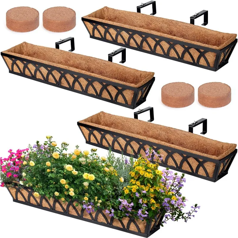 Window Box Railing, 36 Inch Black Metal Hanging Flower Planter Basket with Coco Liner for Outdoor Balcony Porch Fence Patio