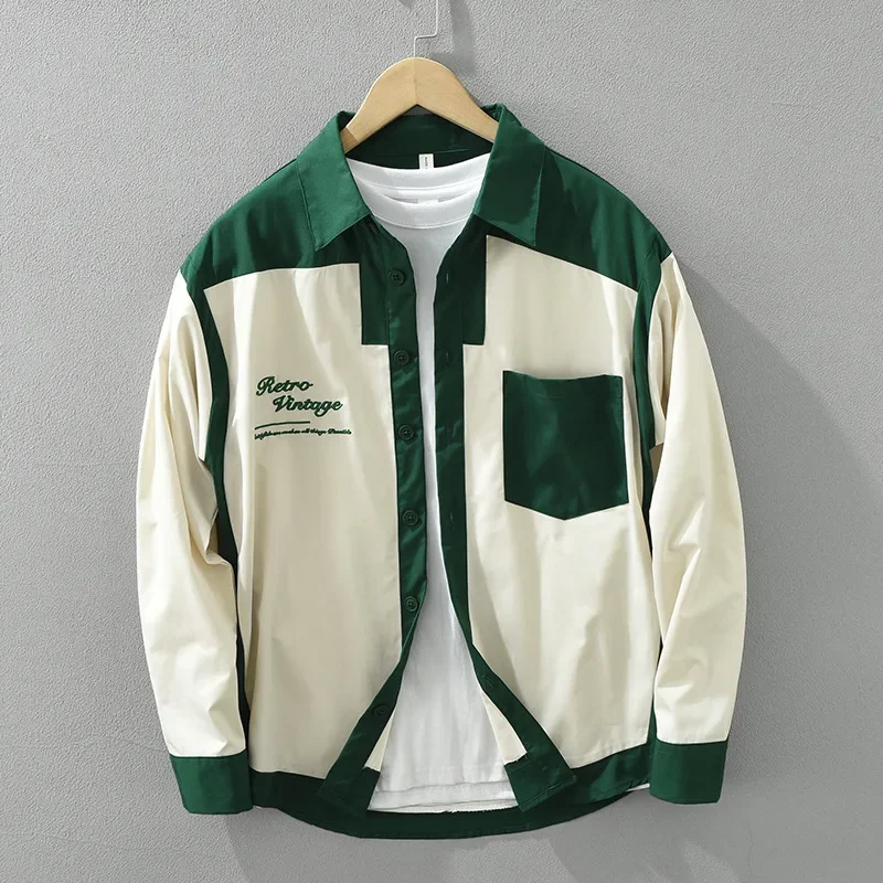 

Весенне-осенние мужские рубашки, модная уличная одежда, мужская рубашка с длинным рукавом, лоскутная рубашка с лацканами и вышивкой букв, молодежные свободные рубашки