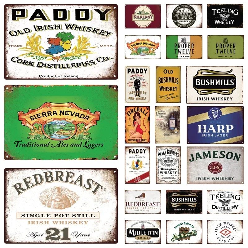 Vintage Design Tin Metal Wall Art Sign Irish Whiskey Retro Wall Decor Tin Plate Metal Poster Bar Club Man Cave Metal Tin Sign