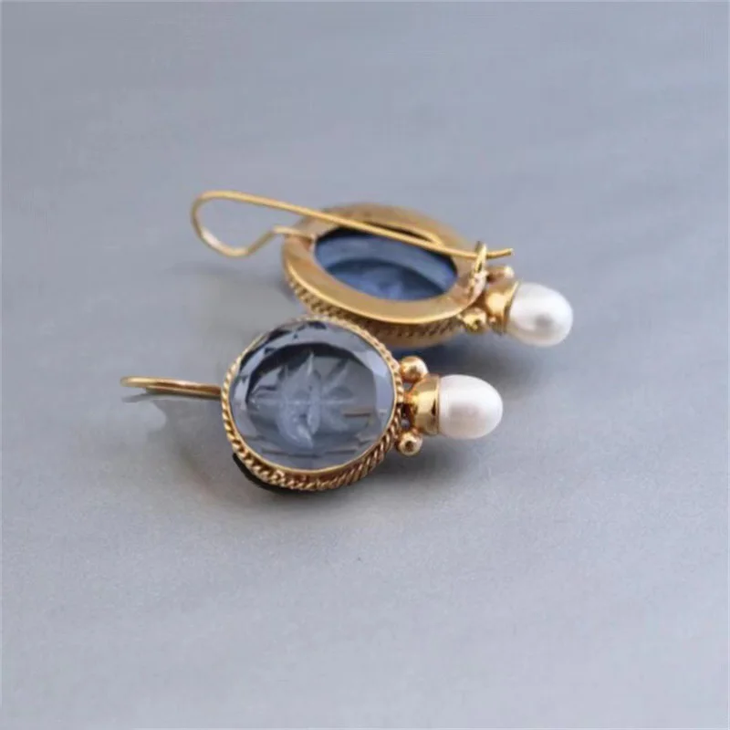 1 Pair Fashion Round Vintage Style Pearls Crystal Stone Blue Color Earrings Women\'s New Elegant Party Prom Jewelry