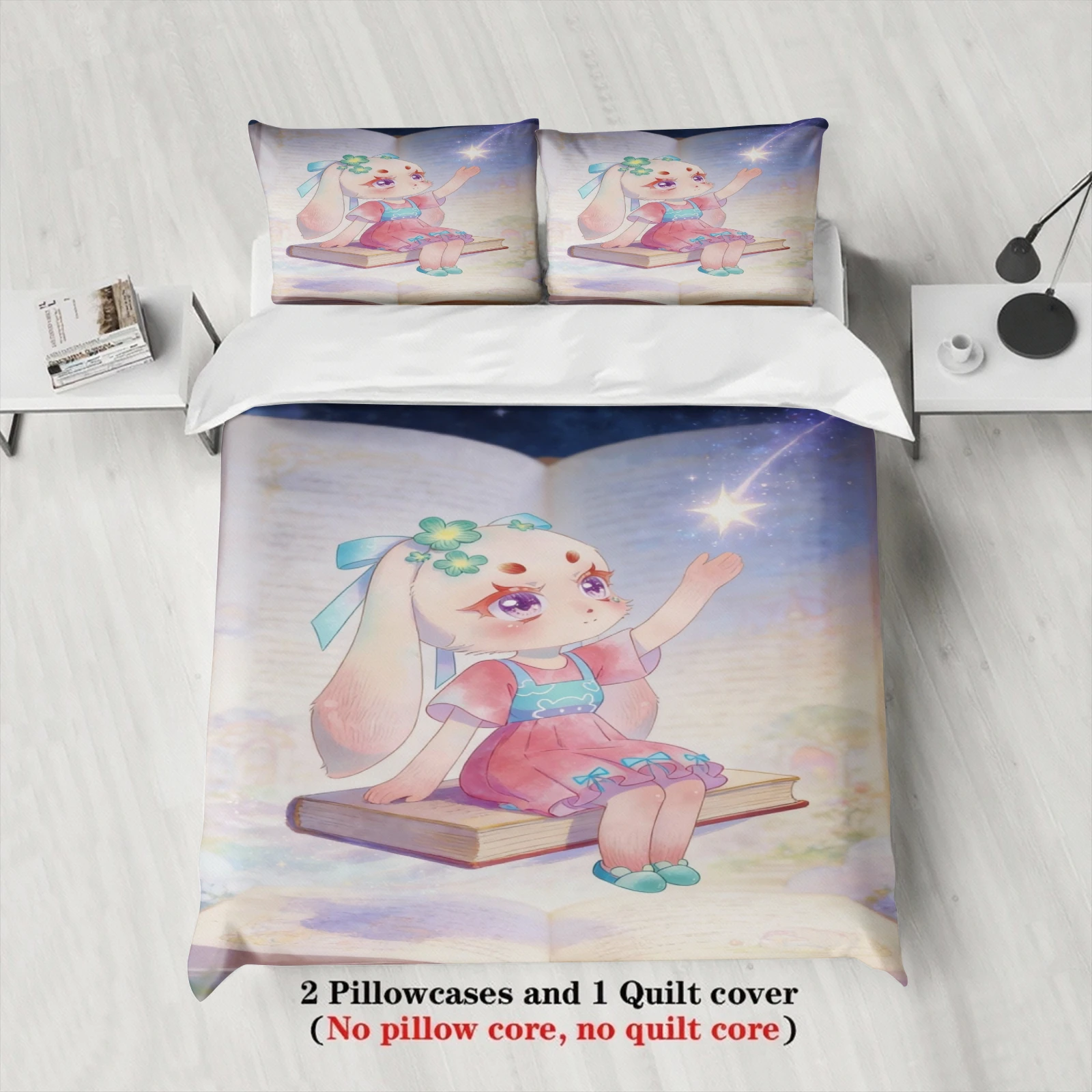 Softville Cozy Town 3PCS Bedding Sets Lop Rabbit on Giant Book Pinted Duvet Cover No filling Cartoon Style Queen King Size