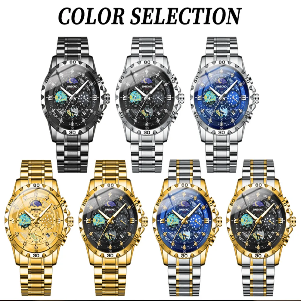 Binbond นาฬิกาสำหรับผู้ชาย3225หน้าปัดลายท้องฟ้าดาวนาฬิกาควอตซ์นาฬิกาแฟชั่นดวงจันทร์ปฏิทินนาฬิกาข้อมือผู้ชายกันน้ำเหล็ก