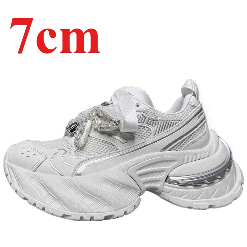 

European/American White Bow Rhinestone Design 7cm Height Increasing Shoes for Women's Thick Platform Mesh Sports Casual Shoes