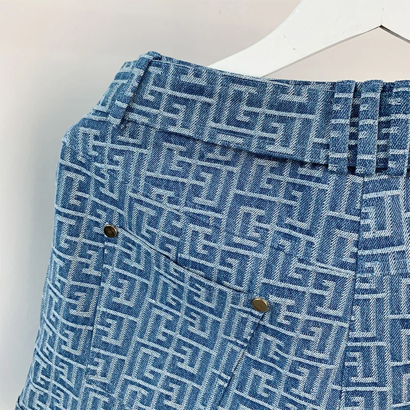 ارتفاع الخصر ort الدنيم النسيج التطريز كيت السراويل النسائية Faion الصيف الاتجاه الأزرق الجينز عالية الخصر orts مع كيتس
