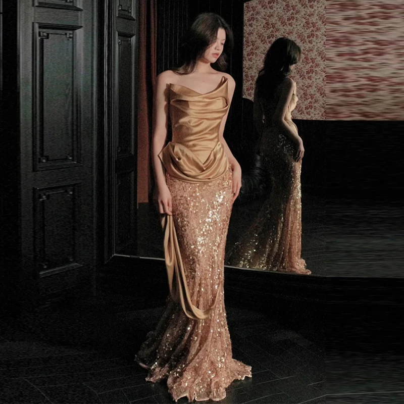 

Ele Sexy Strapl Evening Gown for Women Wedding Par Long Tail Fibone Design Bridal Dr Sparkling Evening Dr