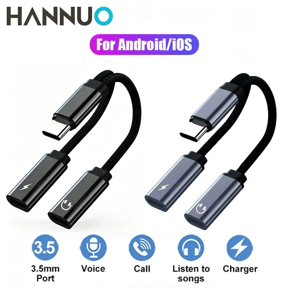HANNUO USB Type C Splitter For iPhone 15 17 USB C to Type C Headphone Adapter PD 60W Fast Charging AUX Audio Cable For Samsung