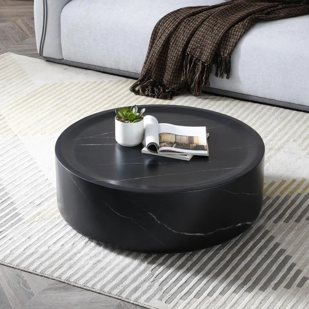 35.43'' Black Round Coffee Table Circle Coffee Table for Living Room, Fiberglass Drum Center Table with Marble Texture