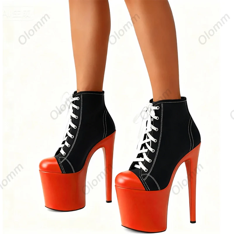Olomm Handcrafted Custom Crafted Black  Red Platform Boots with Lace-Up Detail - Alternative Fashion Footwear Size 36-44