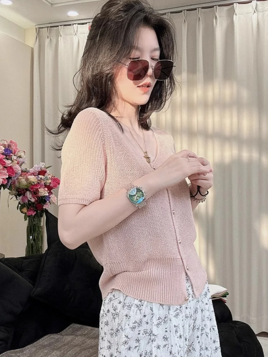 

Ice Silk Hollow Knitted Sweater Women's Loose Slim V-Neck Short Sleeve Top Thin Model Summer New Arrival Hole Design Knitted ...