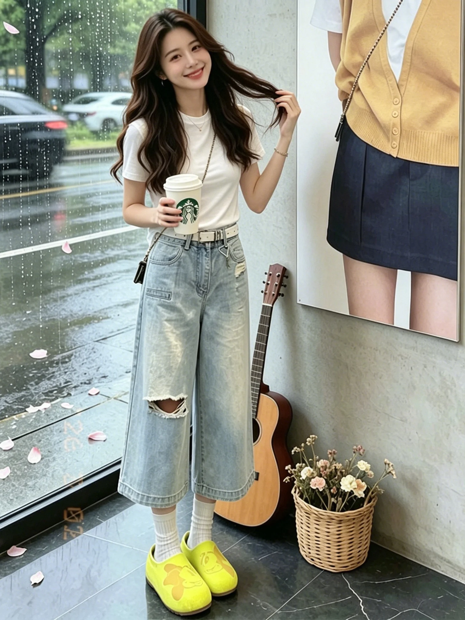 Summer New High Waist Wide Leg Seven Inch Jeans Women's American Style Slimming Design Sense Fashionable Hole Matching High W...