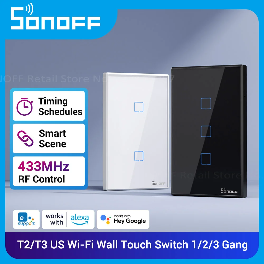 SONOFF T2/T3 US Wi-Fi Smart Wall Touch Switch 1/2/3Gang Voice 433MHz RF Control for Smart Life Work with Alexa Google Home