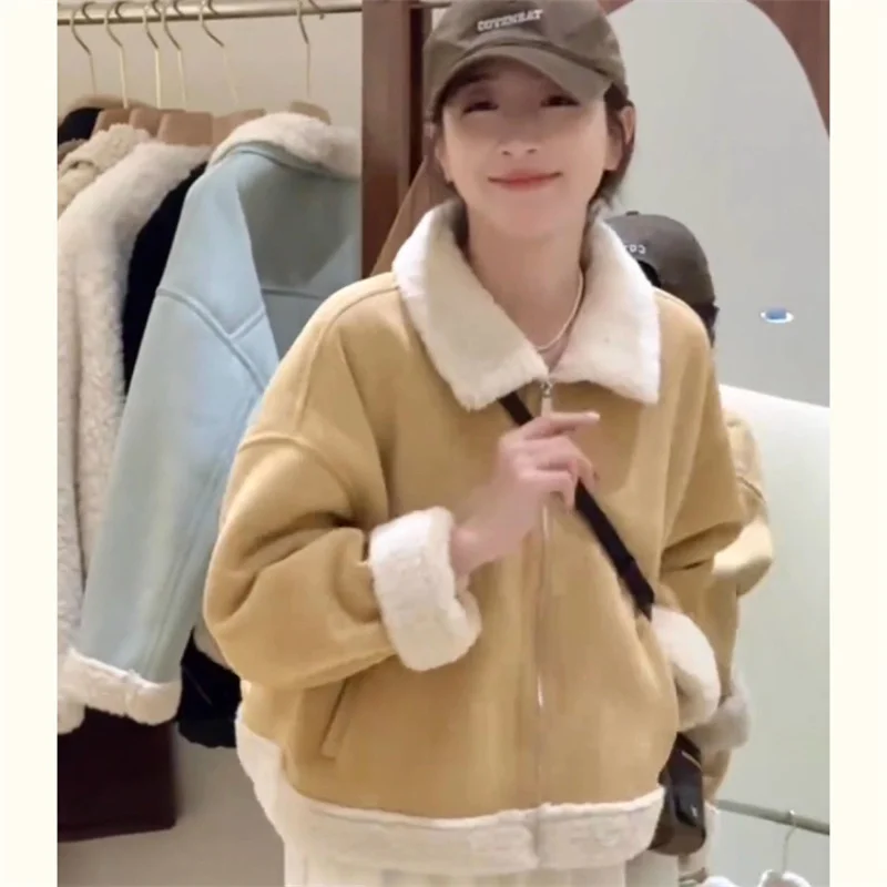 Women's Fur Coat Blue Imitate Lambhair Coat WinterJacket Thick Fur Integrated Warm Outerwear Korean Women Receive High Praise