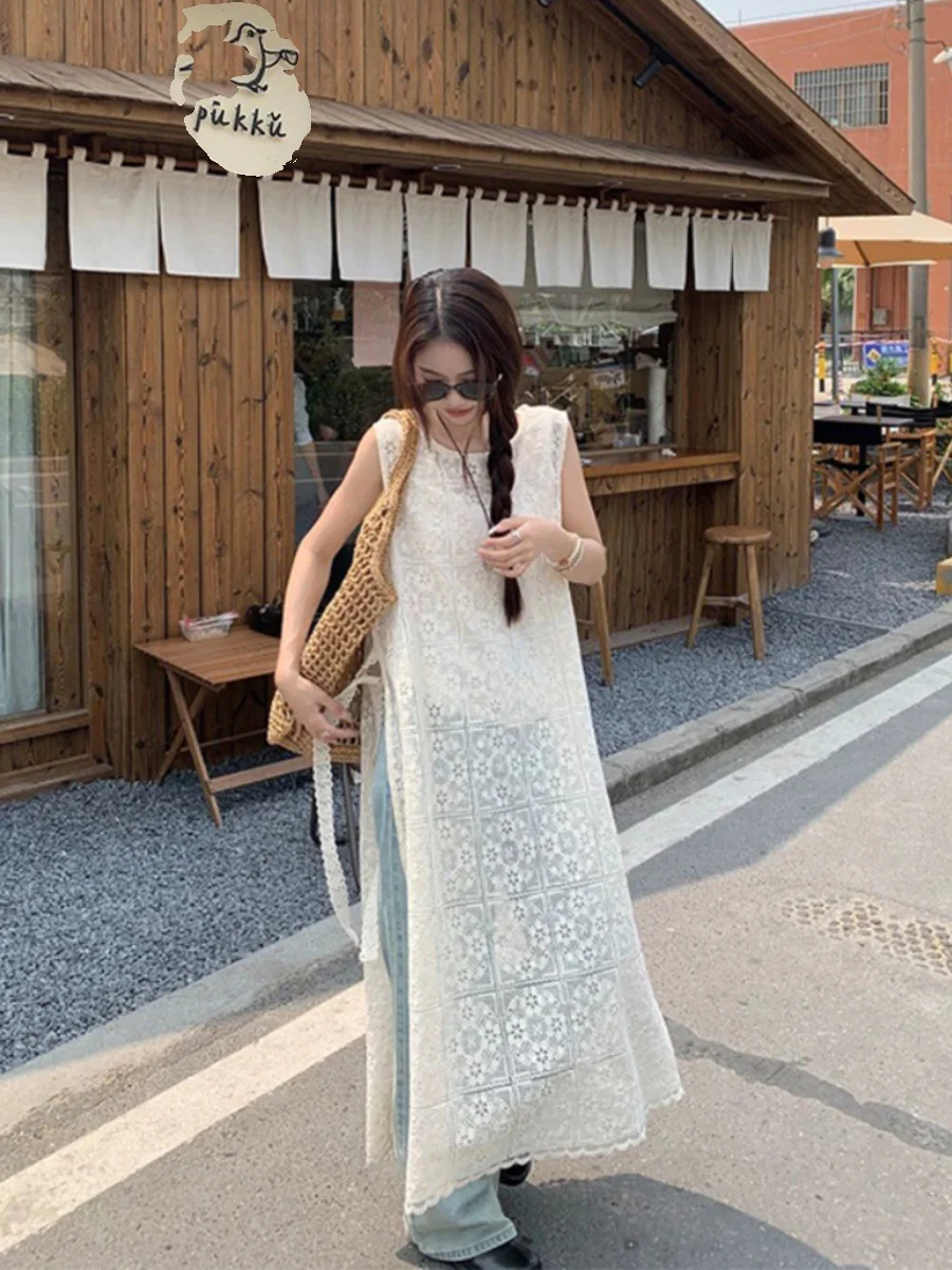 Vestido F de Verão 2024 Novo Estilo com Detalhes Vazados, Alças, Laço Borboleta, Sem Mangas, Saia Csete, Camada de ...