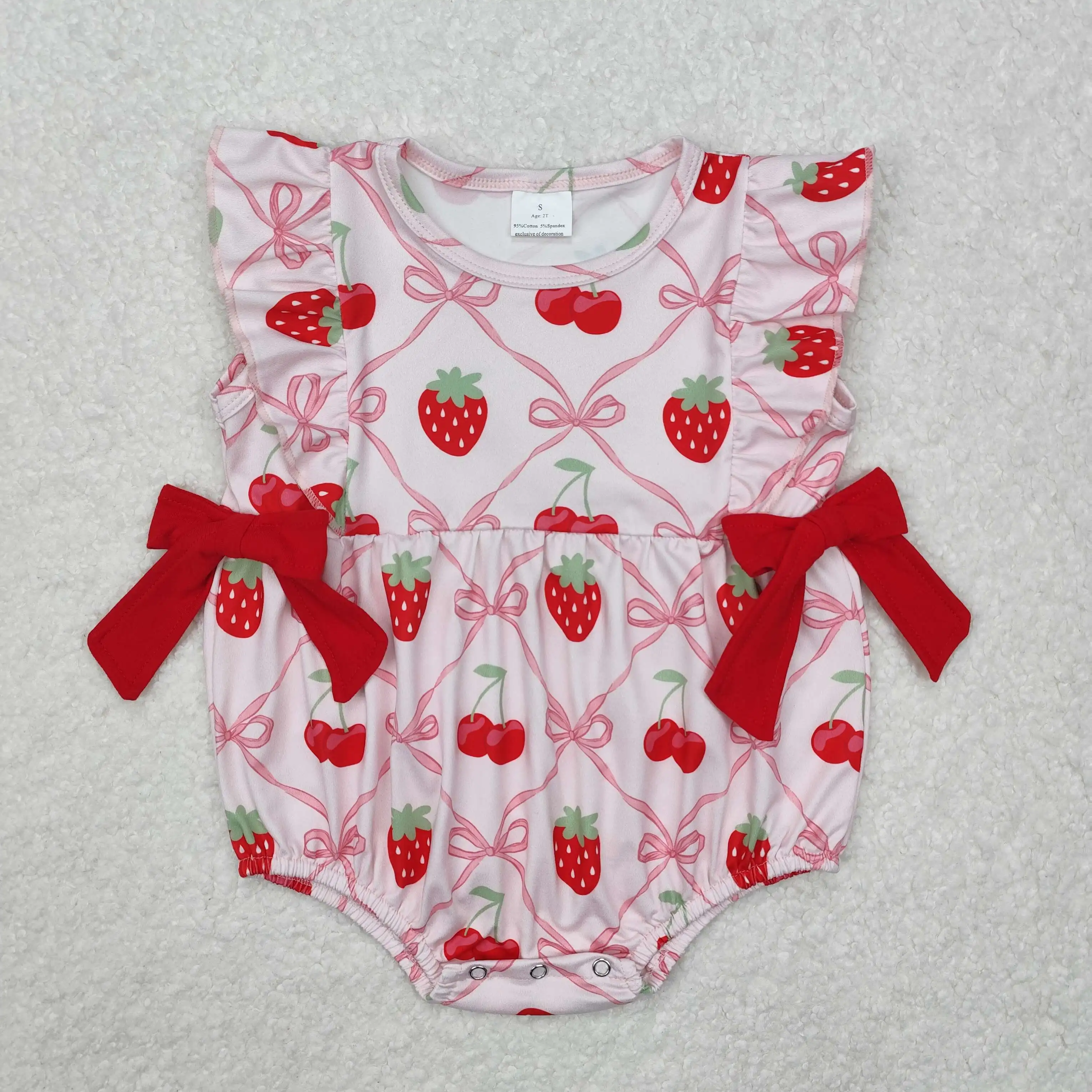 

New rts summer baby girl pink rompers wholesale boutique strawberry cherry bow pattern girl romper