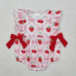 New rts summer baby girl pink rompers wholesale boutique strawberry cherry bow pattern girl romper