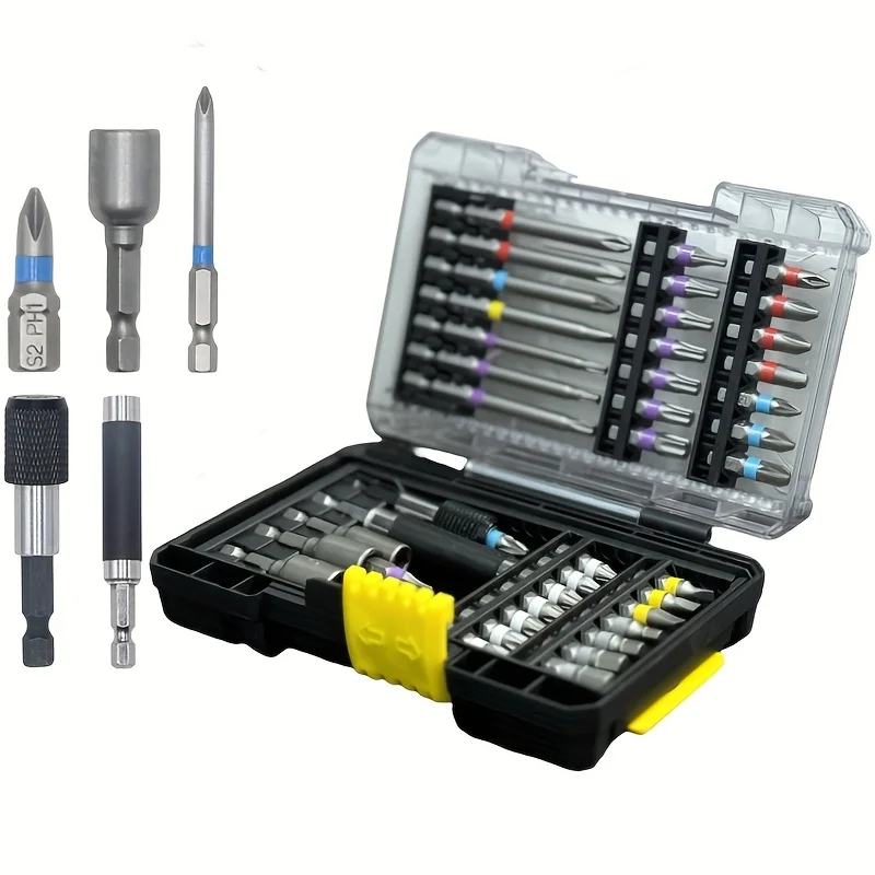 Impact Driver Bit Set, 43-Piece S2 Steel Screwdriver Bit Set, Hex, Torx, Phillips, Slotted, Square Bits and Nut Driver with Case