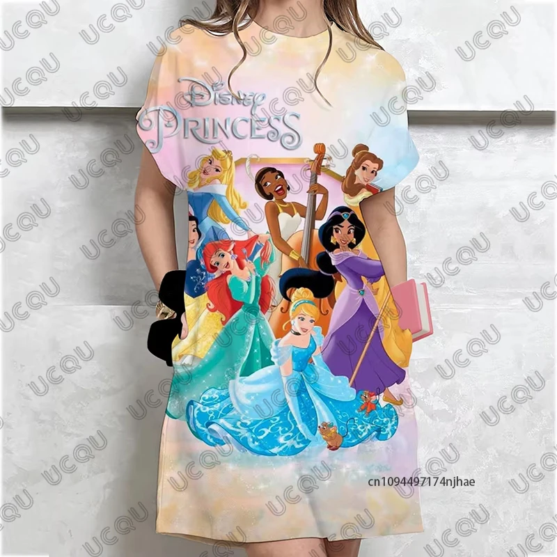 MINISO لطيف الكرتون ديزني الأميرة طباعة فساتين للنساء الصيف تي شيرتات قصيرة الاكمام فستان حفلة فستان موضة غير رسمية #5