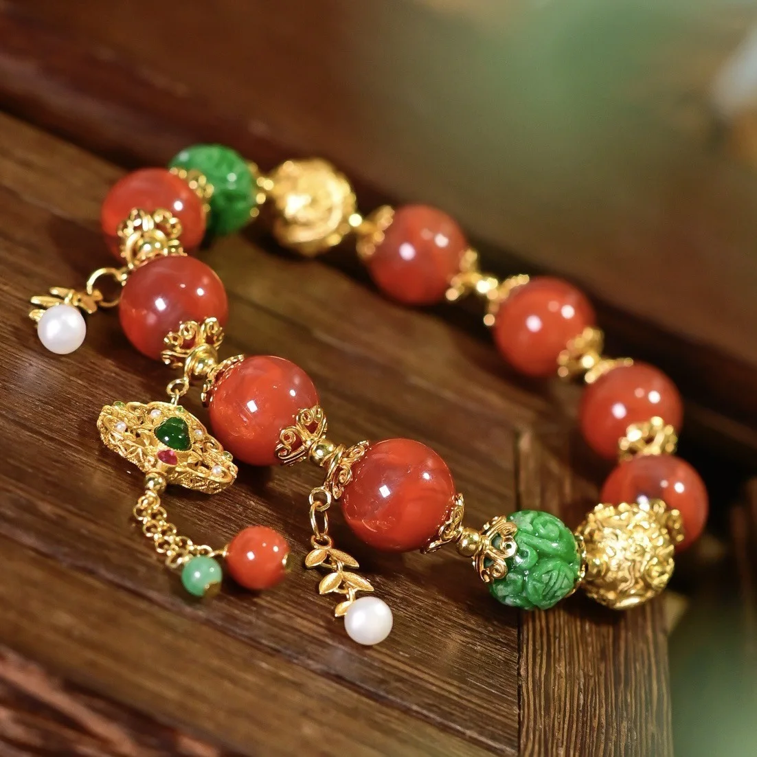 Natural Red Agate Bracelet, Mellow Green Carved Jadeite Gourd Pendant 925 Silver, Traditional Chinese Style Healing Jewelry
