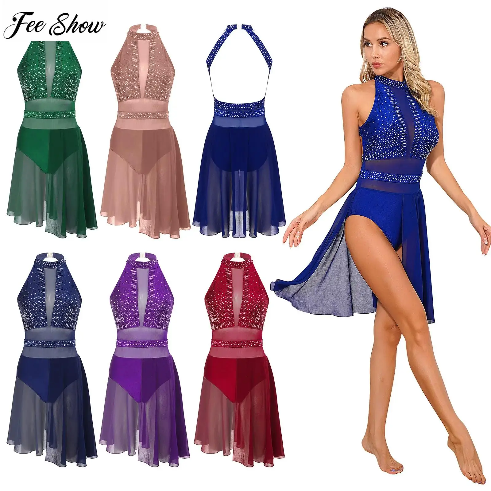 Womens Sparkly Rhinestone Lyrical Dance Dress Sheer Mesh Backless Gymnastics Leotard Figure Skating Dresses Stage Performance