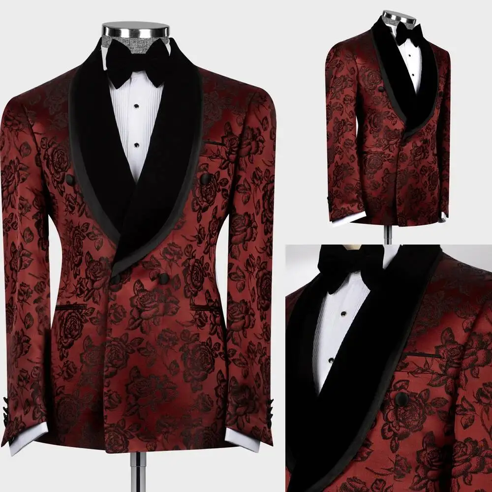 Red Men's 2 Pieces Suit Blazer Pants One Button Sheer Satin Lapel Flower Business Slim Fit Formal Wedding Groom Customized