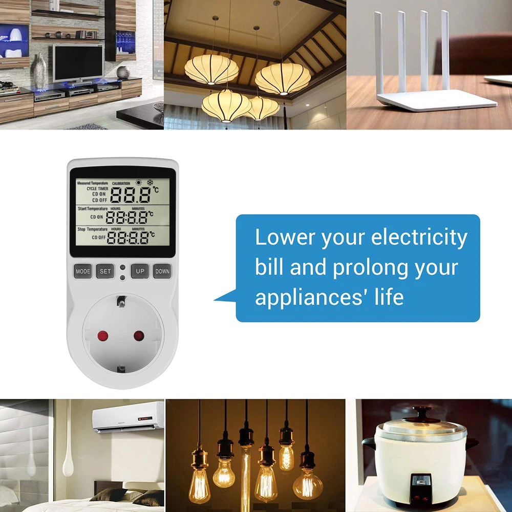 AC 110V~230V Thermostat Timer Digital Temperature Controller Socket Outlet With Timer Switch Sensor Probe Heating Cooling