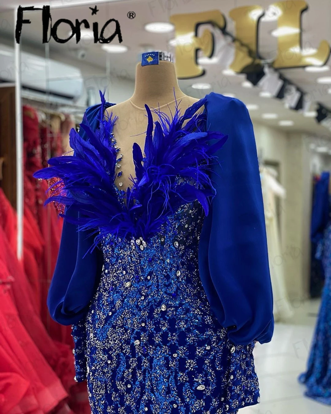 Vestido de noche musulmán de Arabia Saudita Para Mujer, Vestidos de fiesta de boda con cuello de plumas, cuentas completas, Azul Real, talla grande