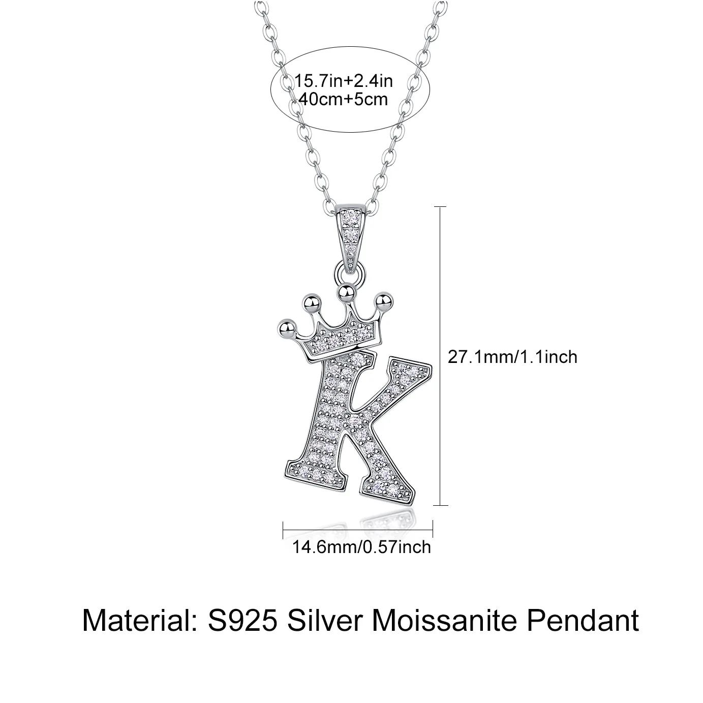 Fashion Crown 26 Letter Pendant Necklace 925 Silver Moissanite Unisex Hip-Hop Style Pendant