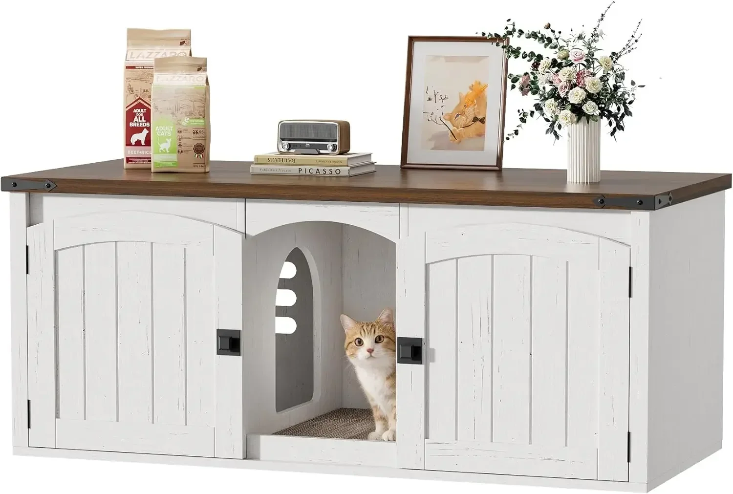 Vabches Cat Litter Box Enclosure for 2 Cats, Hidden Litter Box Furniture with Scratch Pad & Magnetic Doors, Farmhouse Wood Cat L