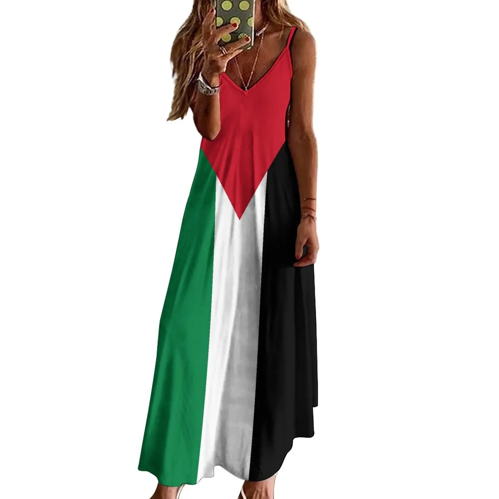 Long Dresses Dress Palestine Flag1 Print New Casual Sleeveless Women\'s V-Neck Printed Dress Swing Retro Dresses