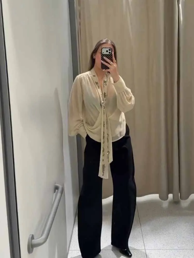 HH Frau Sommer Mode Elegante Lange Ärmel Tiefem V-ausschnitt Georgette Stoff Perlen Schal Dekoration Sexy Hemd Weibliche Süße Tops