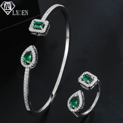 LXOEN 2pcs Pack Green Silver Color Bride Jewelry Set Halo Engagement Ring Adjustable Open Bracelet for Wedding Gift Christmas