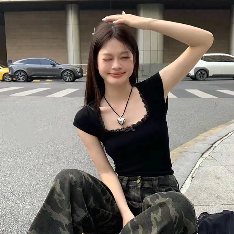 Y2k Lace Patchwork Crop T-shirt Women Vintage Streetwear Sexy Slim U Neck Tops Female Harajuku Korean Bow Chic Bottoming Tees image 4