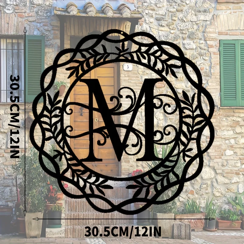 1pc Initial Sign, Metal Monogram Sign, Farmhouse Front Porch Sign Wall Art Decor, Indoor Outdoor Monogram Gift Rustic Wreath