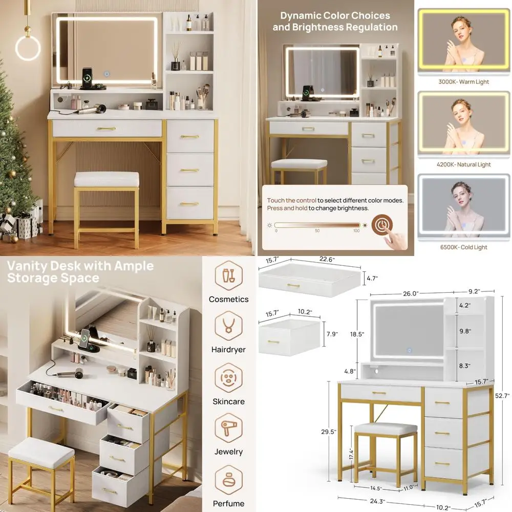 illuminated makeup vanity desk with upholstered stool, 4 drawers, and power outlets
