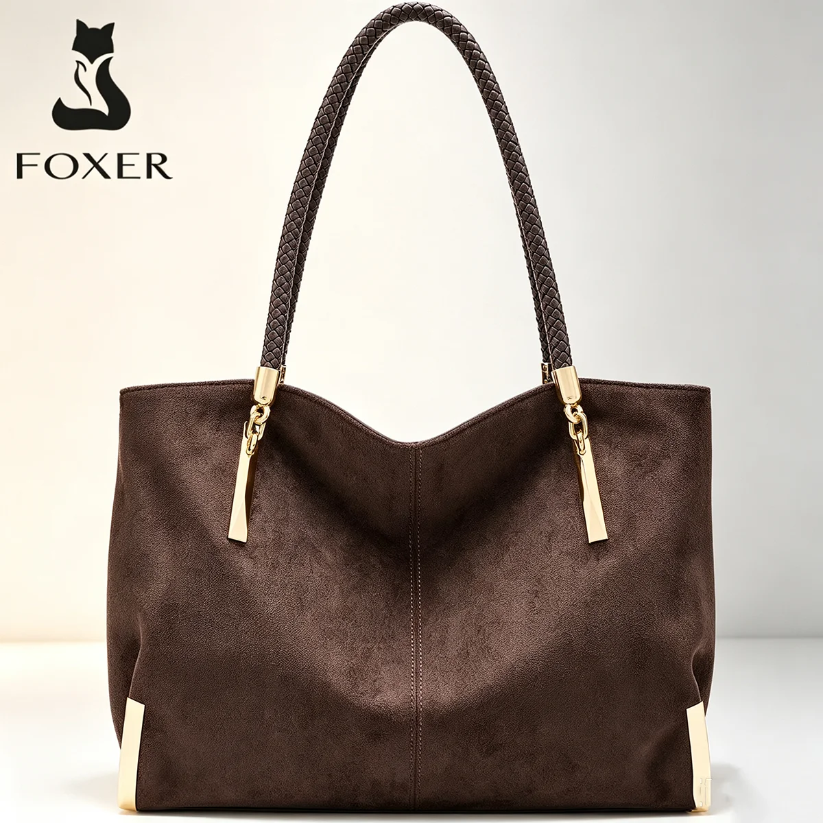 FOXER Vintage Suede Shoulder Bag For Women Cowhide Leather Large Capacity Ladies Tote Bag Fashion Commuter Handbag Purse