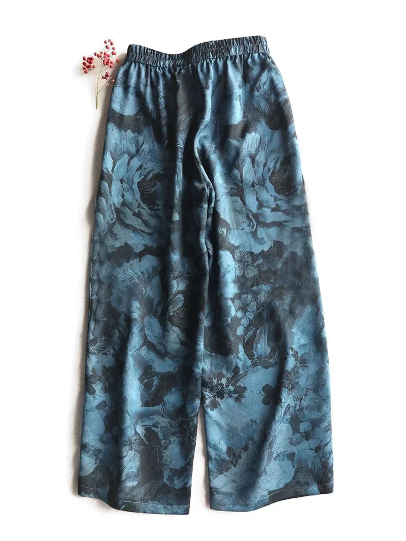 ฤดูร้อนใหม่กางเกงขากว้างผู้หญิงแฟชั่นเอวยางยืดข้อเท้าความยาวหลวมดอกไม้สีฟ้าพิมพ์กางเกงผู้หญิงสบายๆกางเกงตรง