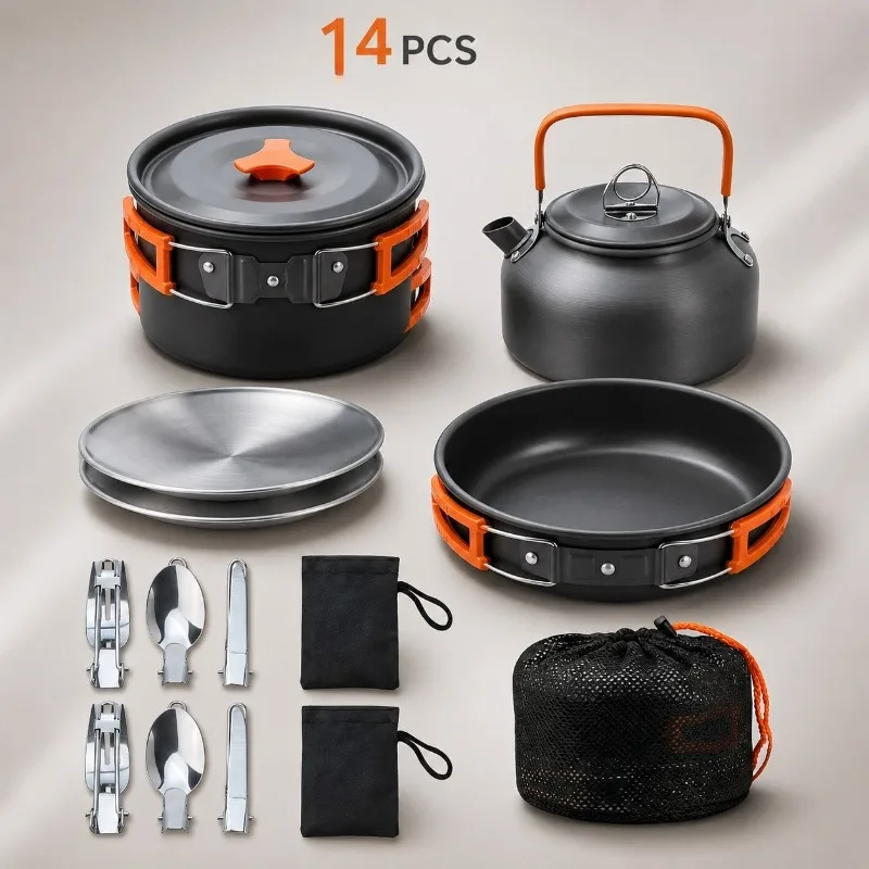 Black 14 Pcs Camping Cookware Mess Kit, Portable Nonstick Aluminum Camping Cookware Set With Kettle, Pot, Frying Pan, Plates, Forks, Knives & Spoons For Camping, Backpacking And Outdoor Cooking