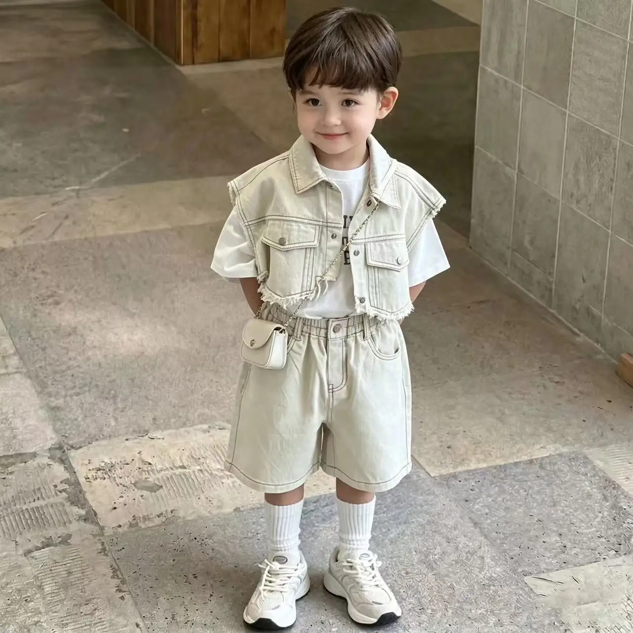 

Kids Sets Boys Summer Suit Korean New Fashion Casual Denim Sleeveless Single-Breasted Vest Shorts Two Piece Set
