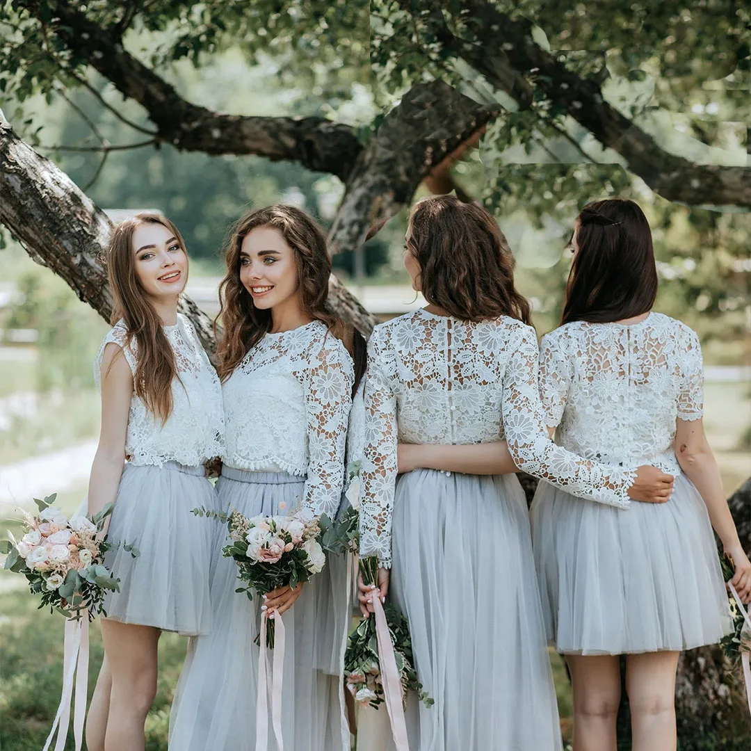 

FATAPAESE Rustic Bridesmaids Dress Bohemia Boho Princess Gowns Dusty Blue Waterfall Tulle TUTU And Belle Lace Appqulies Skirts