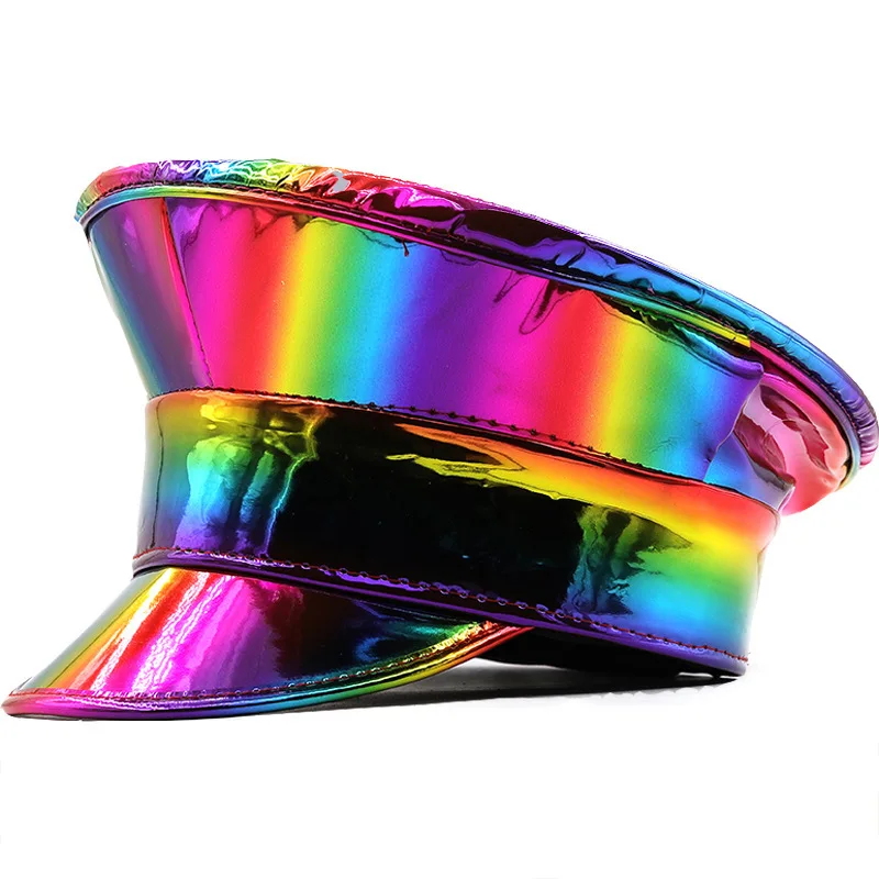 Trendy PU Leather Military Hats Men Women Rainbow PVC Captain Cap Prom Performance Bar Cosplay Show Cool Party Flat Beret Caps
