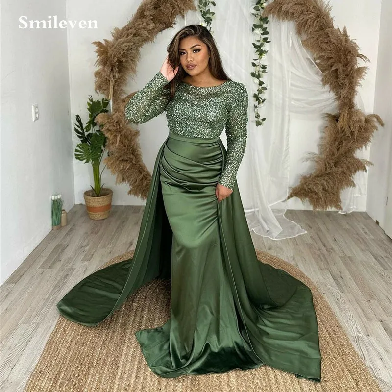 Smileven Sequin Mermaid Evening Dresses Long Sleeve Prom Dress Long Sleeve Arabic Celebrity Party Gowns robe de soirée