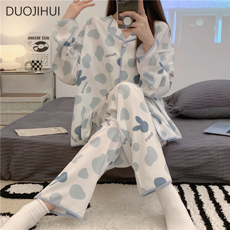 DUOJIHUI Ins Contrast Color Casual Home Pajamas for Women Spring Chicly Button Cardigan Simple Pant Fashion Female Pajamas Sets