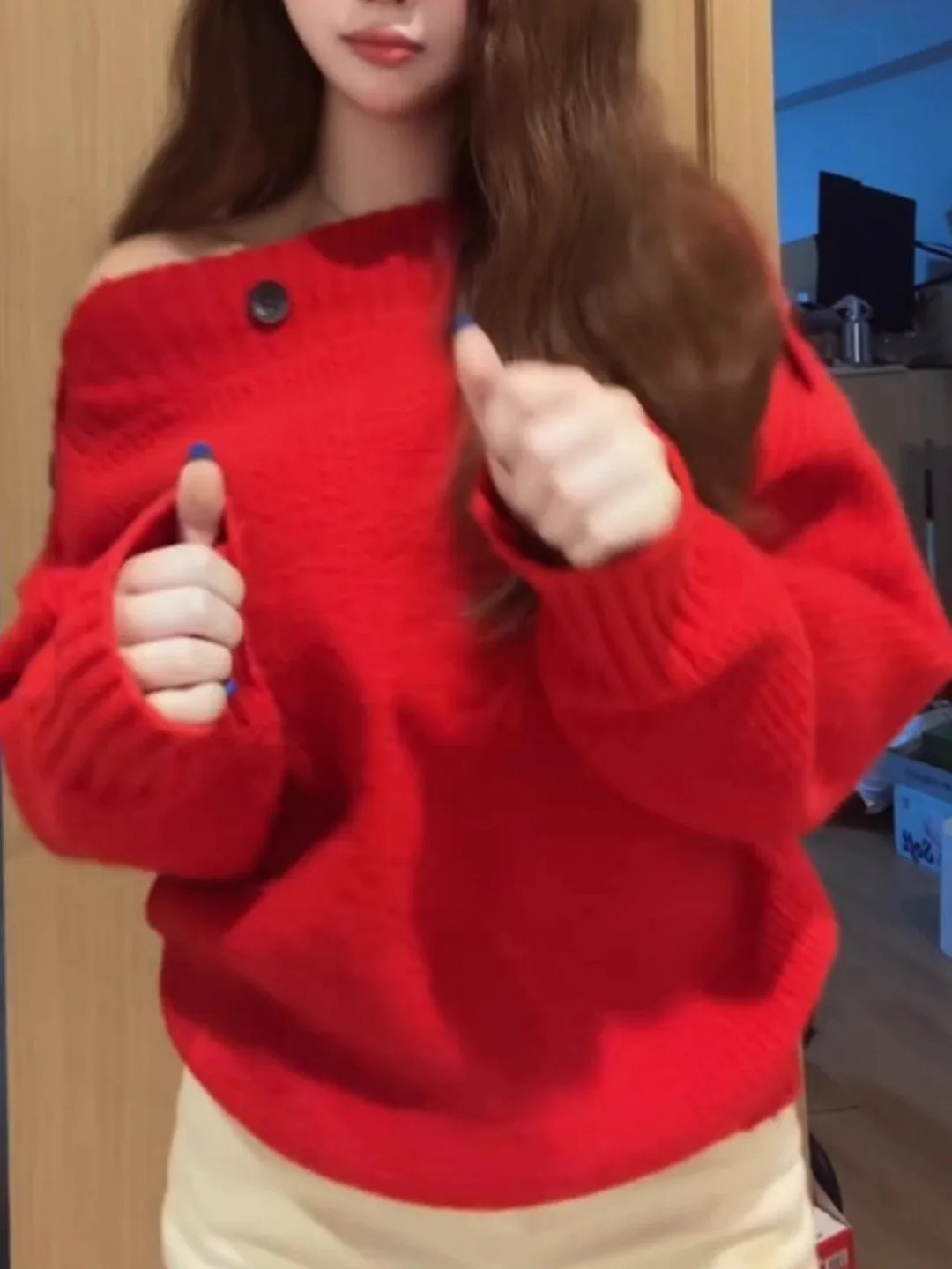 Cisas Theme Red oulder Bared Long Sve Knitted Sweater Loose Fit Women's Autumn Winter Faion Korean Sle Top