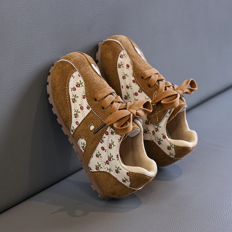 Kids Vintage Floral Trainer Sneakers, Toddler Boys Girls Patchwork Suede Casual Shoes Autumn, Round Toe Lace Up Retro Shoes