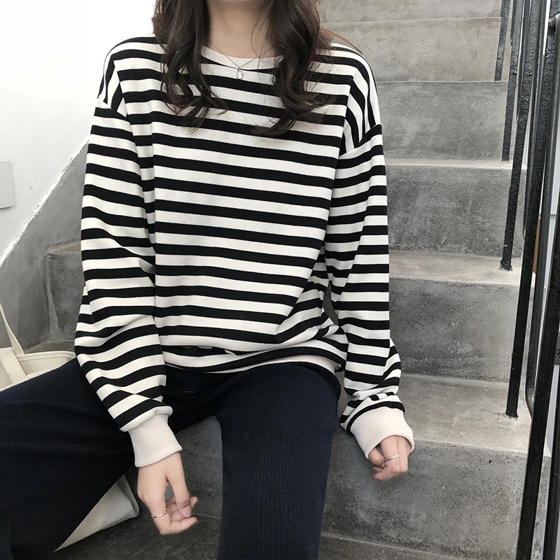 korean Boyfriend Oversized casual Hoodies Women harajuku Street Vintage Striped Patchwork Sweatshirts O-neck Pullovers thin Tops