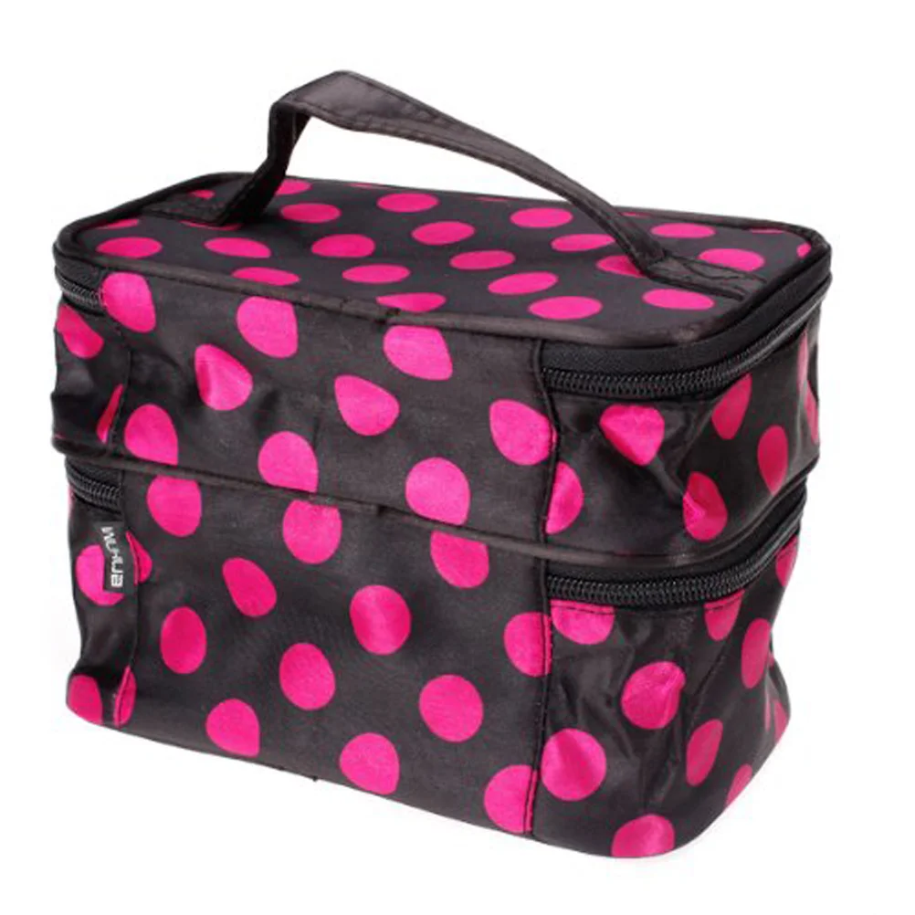 

Makeup Bag Polka Dots Pattern Double Polka Dots Handbag Layer Dual Zipper Organizer Travel Jewelry Storage